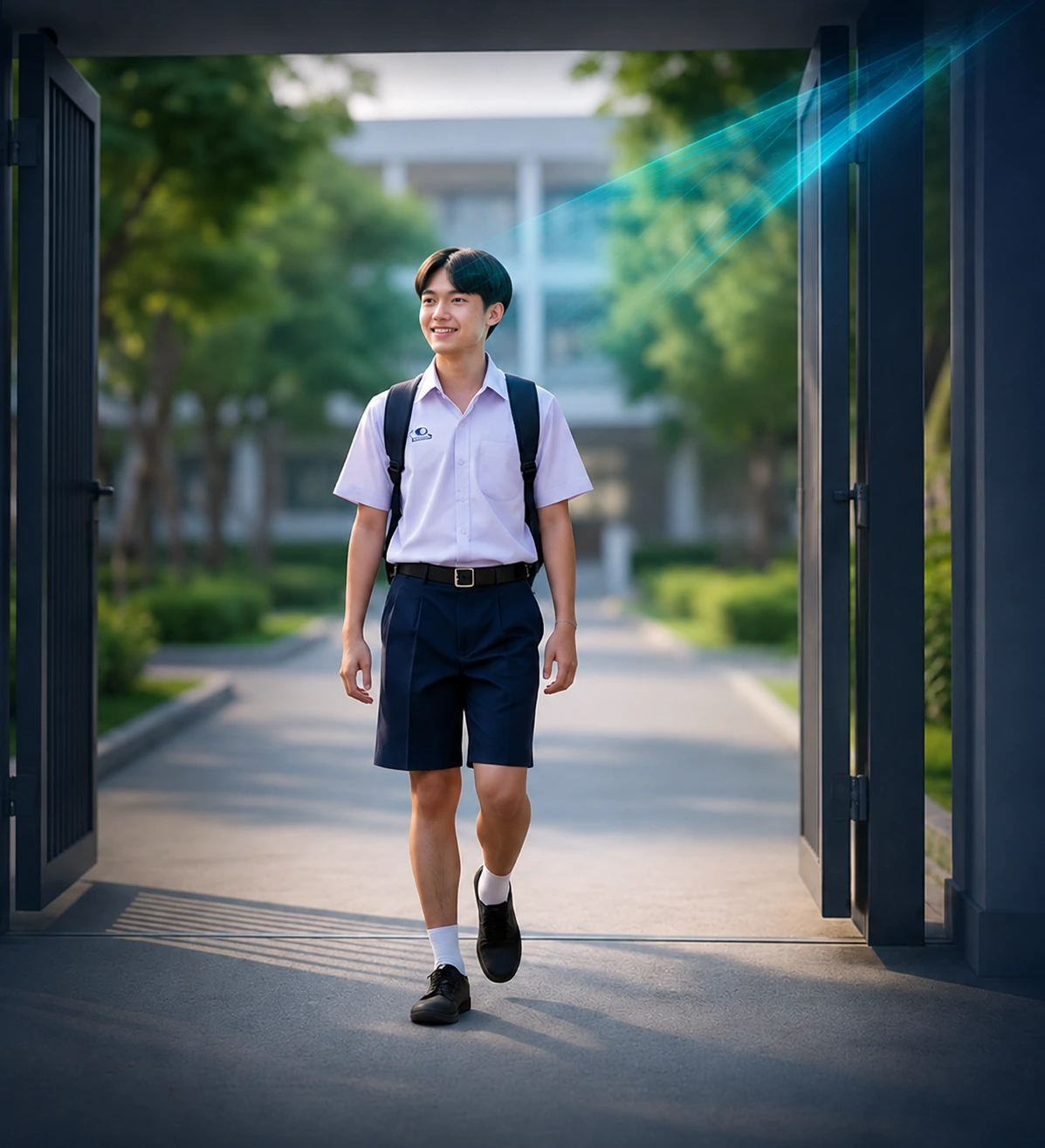 นักเรียนเดินผ่านประตูโรงเรียนพร้อมระบบสแกนใบหน้า NEXT BMG